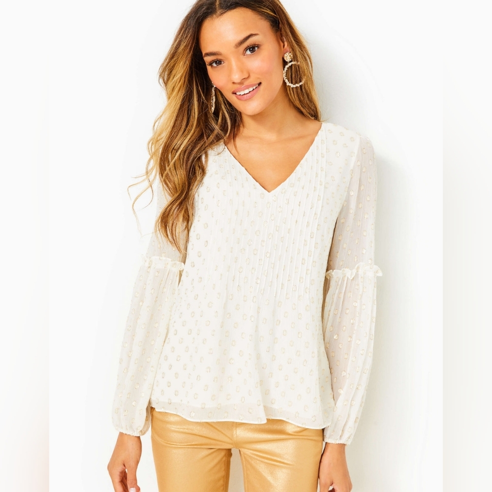 Lilly Pulitzer Cream Metallic Dot V-Neck Blouse